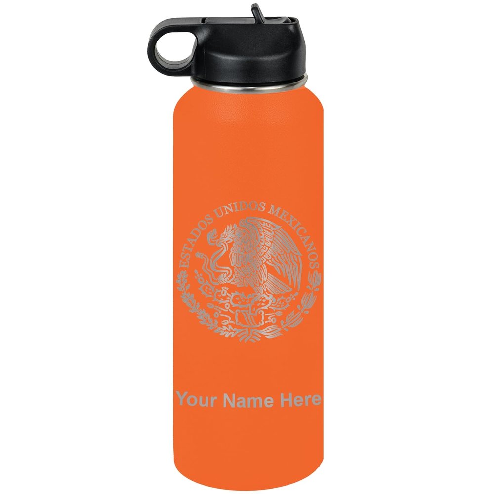 LaserGram Personalized Water Bottle, Flag of Mexico, Stainless Steel Double Wall Vacuum Insulated with Flip Top Straw, Custom Engraved Gift (40oz / 1180ml Orange)