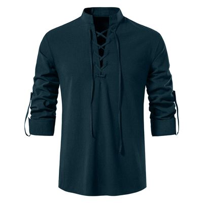 Men's Cotton Linen Shirts Casual Hippie Lace Up Beach Tee Shirts V Neck Rolled Sleeve Loose Fit Summer Vintage Yoga Tops Navy