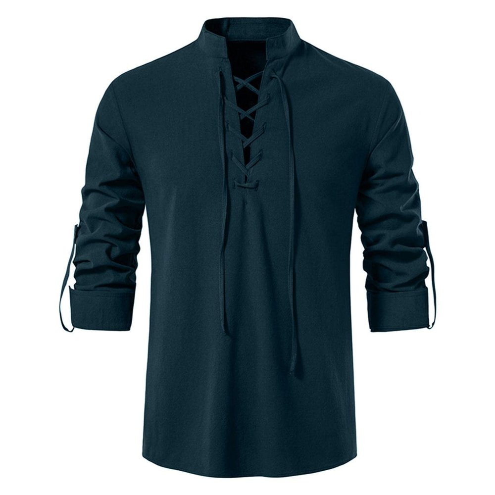 Men's Cotton Linen Shirts Casual Hippie Lace Up Beach Tee Shirts V Neck Rolled Sleeve Loose Fit Summer Vintage Yoga Tops Navy