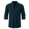 Men's Cotton Linen Shirts Casual Hippie Lace Up Beach Tee Shirts V Neck Rolled Sleeve Loose Fit Summer Vintage Yoga Tops Navy view 1