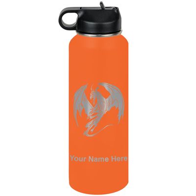 LaserGram Personalized Water Bottle, Dragon, Stainless Steel Double Wall Vacuum Insulated with Flip Top Straw, Custom Engraved Gift (40oz / 1180ml Orange)