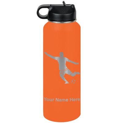 LaserGram Personalized Water Bottle, Soccer Player Man, Stainless Steel Double Wall Vacuum Insulated with Flip Top Straw, Custom Engraved Gift (40oz / 1180ml Orange)