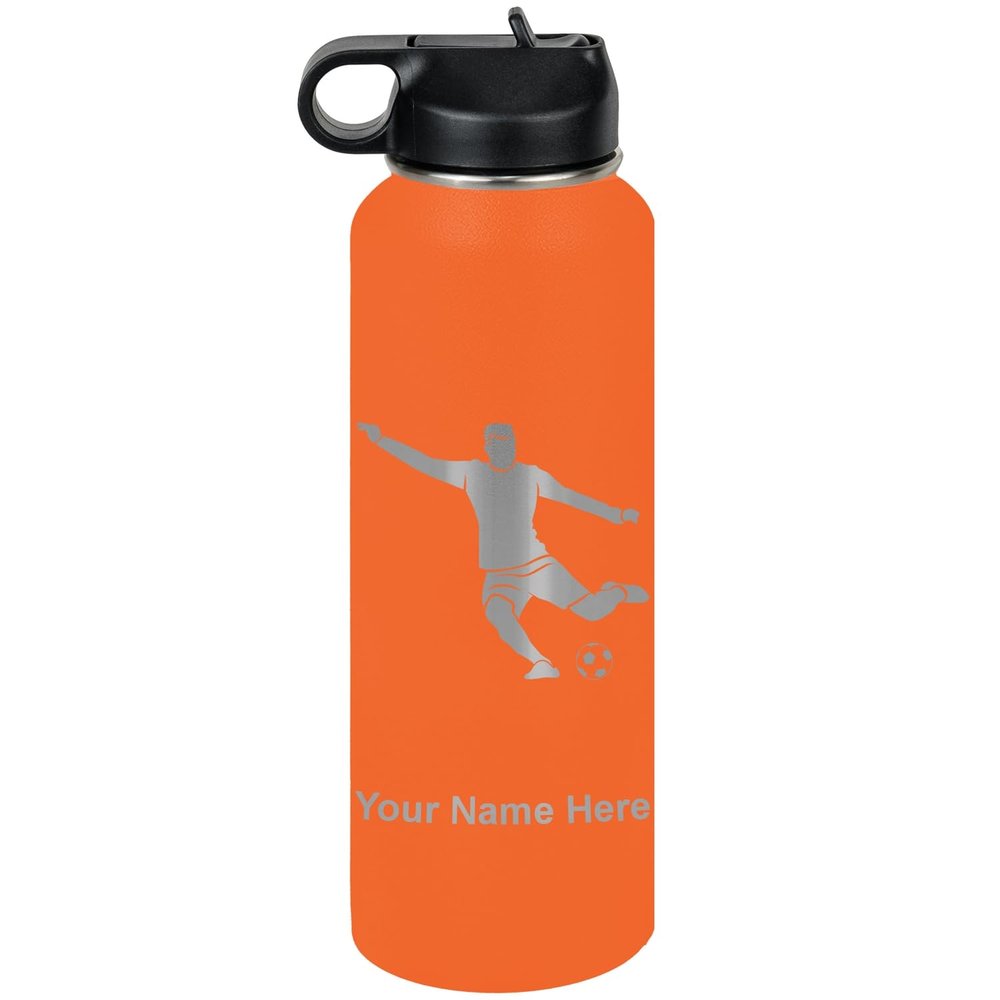 LaserGram Personalized Water Bottle, Soccer Player Man, Stainless Steel Double Wall Vacuum Insulated with Flip Top Straw, Custom Engraved Gift (40oz / 1180ml Orange)