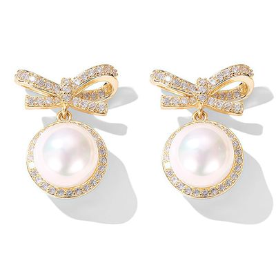 14k Gold Ribbon Bow Stud Earrings for Women cubic zirconia Dainty Gold Plated Pearl Earring for Women Jewelry (gold)