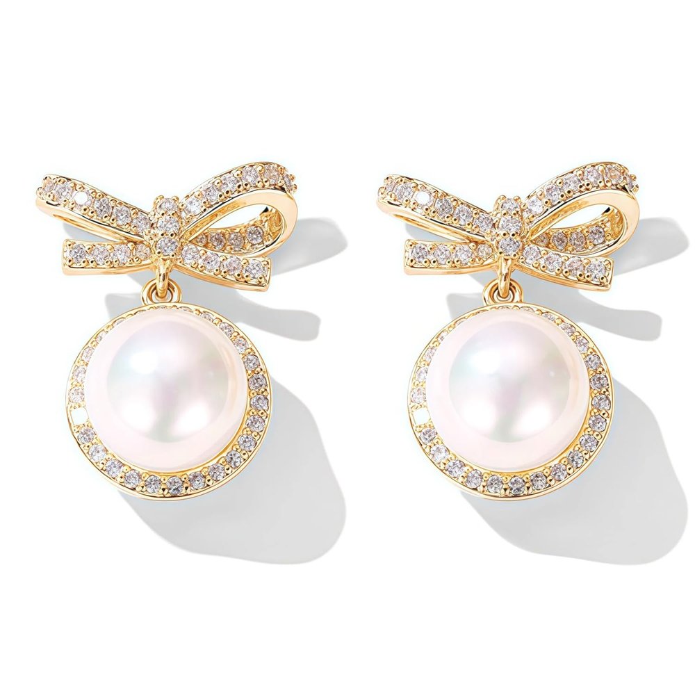 14k Gold Ribbon Bow Stud Earrings for Women cubic zirconia Dainty Gold Plated Pearl Earring for Women Jewelry (gold)