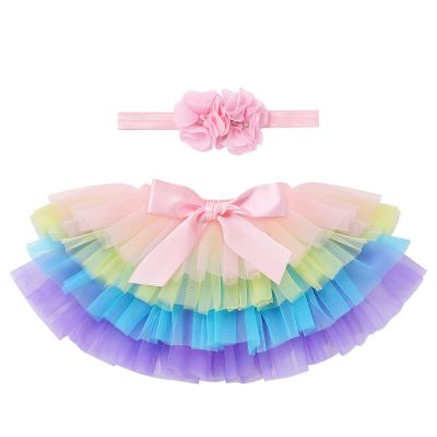 Baby Girls Tutu Skirt Headband Sets Newborn Bloomers Diaper Cover Tulle Skirt with Flower Beads Headband Rainbow Toddler Fluffy Tutu Skirt with Diaper Cover Photography Outfits Rainbow 6-12 Months