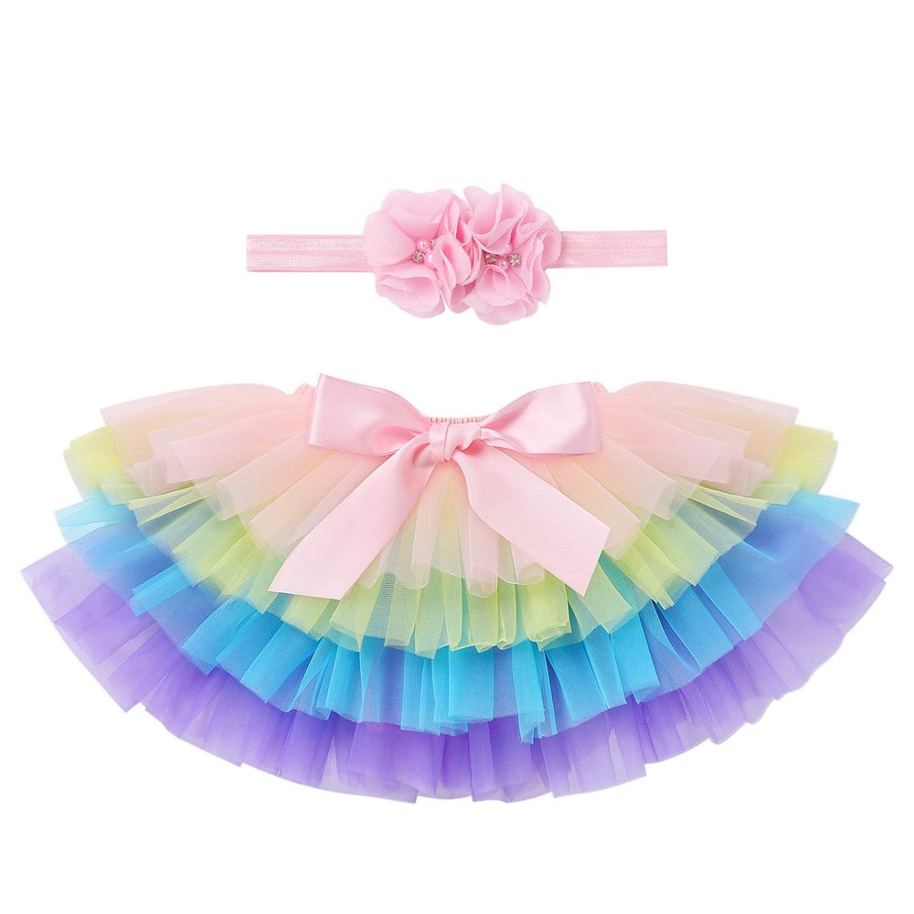 Baby Girls Tutu Skirt Headband Sets Newborn Bloomers Diaper Cover Tulle Skirt with Flower Beads Headband Rainbow Toddler Fluffy Tutu Skirt with Diaper Cover Photography Outfits Rainbow 6-12 Months