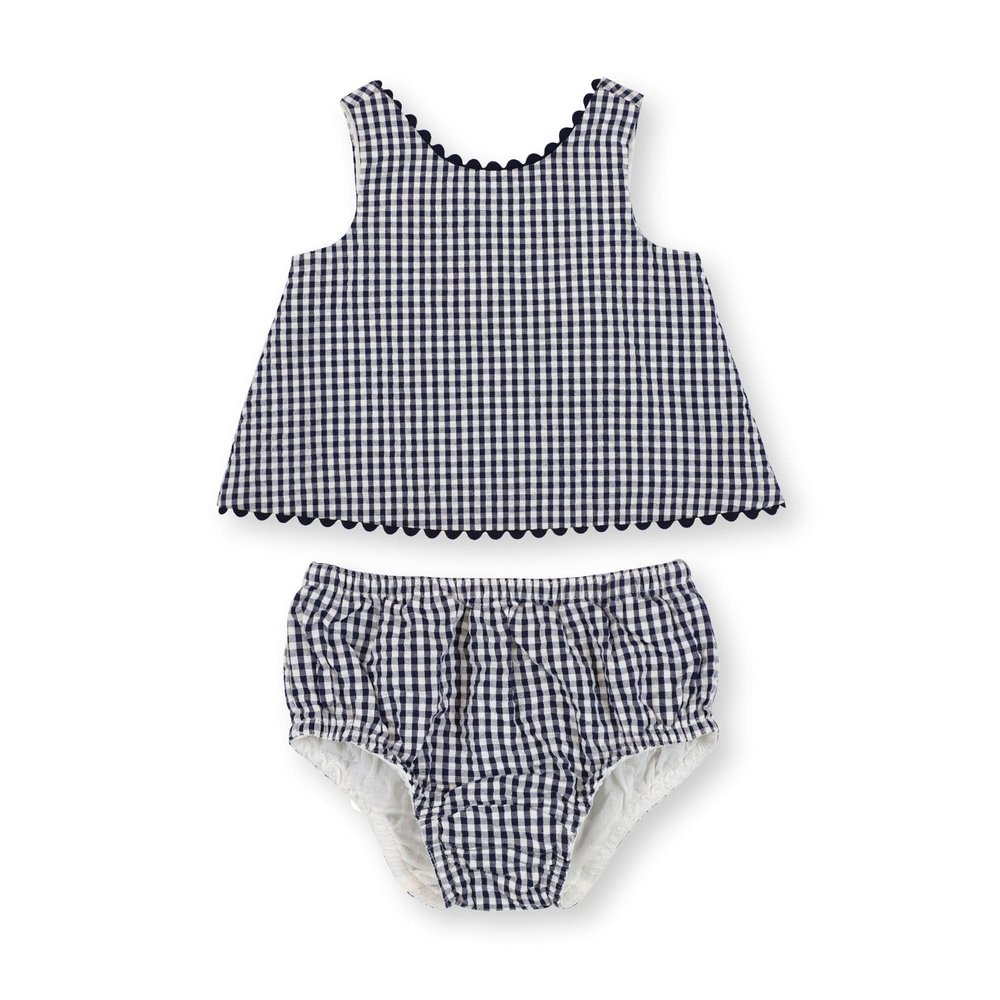 Hope & Henry Baby Flyaway Swing Top and Bloomer 2-Piece Set, 3-6 Months, Navy Gingham Seersucker