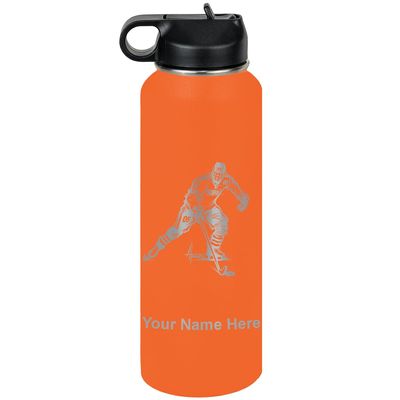 LaserGram Personalized Water Bottle, Hockey Player Man, Stainless Steel Double Wall Vacuum Insulated with Flip Top Straw, Custom Engraved Gift (40oz / 1180ml Orange)