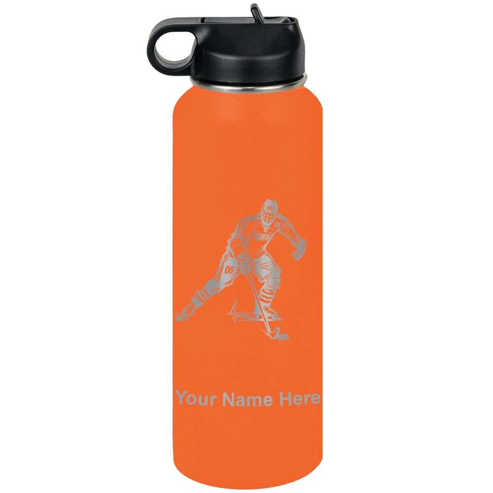LaserGram Personalized Water Bottle, Hockey Player Man, Stainless Steel Double Wall Vacuum Insulated with Flip Top Straw, Custom Engraved Gift (40oz / 1180ml Orange)