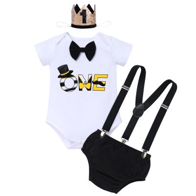 1st Birthday Outfit Boy Baby First 1/2 Birthday Cake Smash Photo Props Gentleman Black Top Hat Romper Suspenders Bloomers Diaper Cover Headband Baby Shower Half One Year Old Black + Yellow One 1 Year