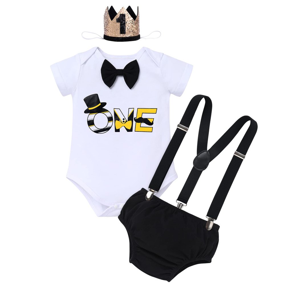 1st Birthday Outfit Boy Baby First 1/2 Birthday Cake Smash Photo Props Gentleman Black Top Hat Romper Suspenders Bloomers Diaper Cover Headband Baby Shower Half One Year Old Black + Yellow One 1 Year
