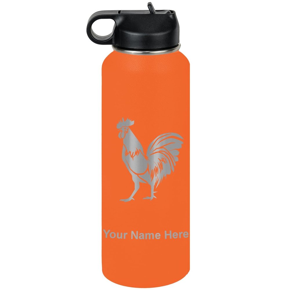 LaserGram Personalized Water Bottle, Rooster, Stainless Steel Double Wall Vacuum Insulated with Flip Top Straw, Custom Engraved Gift (40oz / 1180ml Orange)