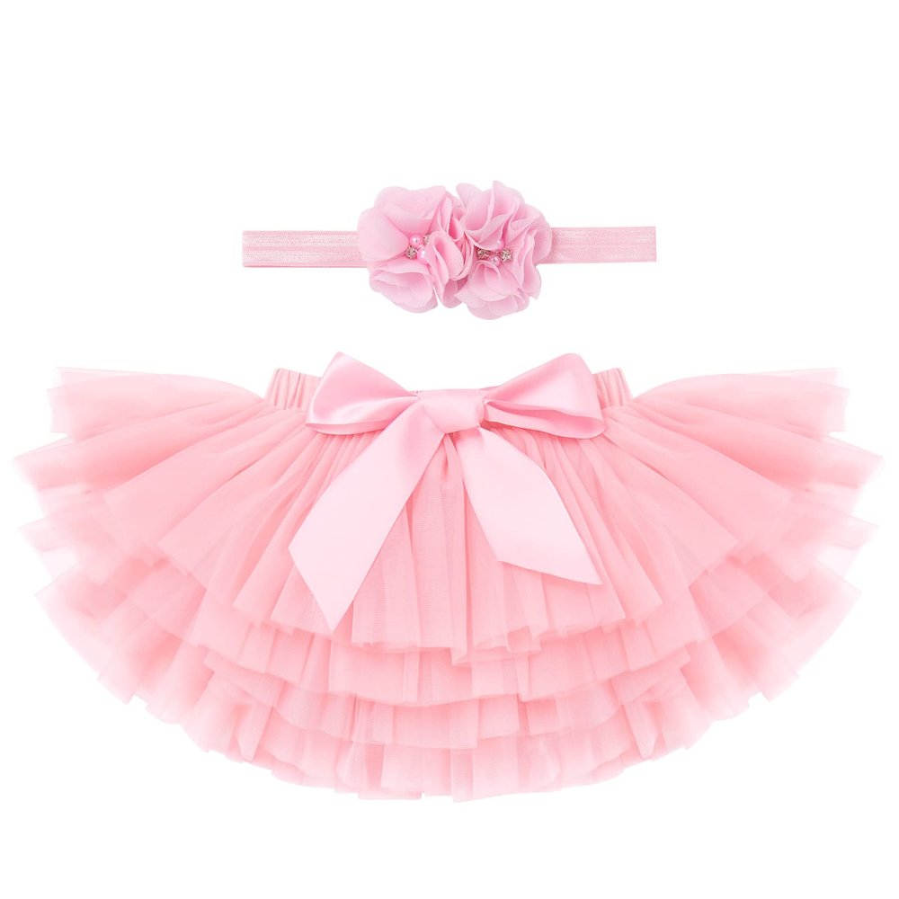 Baby Girls Tutu Skirt Sets with Flower Beads Headband Ruffles Tulle Skirt with Bow Baby Bloomers Diaper Cover Tulle Skirt Soft Fluffy Tutu Skirt Photography Outfits Light Pink 6-12 Months