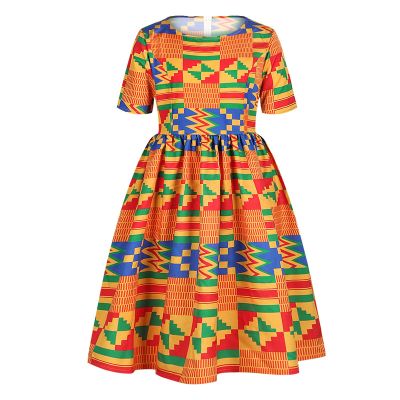 Baby Girls Dress, Kids Toddler Girls African Dashiki Traditional Style Short Sleeve Round Neck Ankara Princess Dress Orange