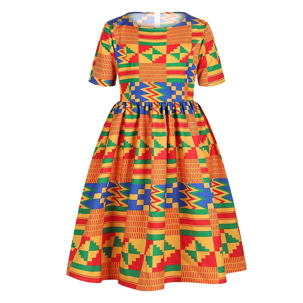 Baby Girls Dress, Kids Toddler Girls African Dashiki Traditional Style Short Sleeve Round Neck Ankara Princess Dress Orange