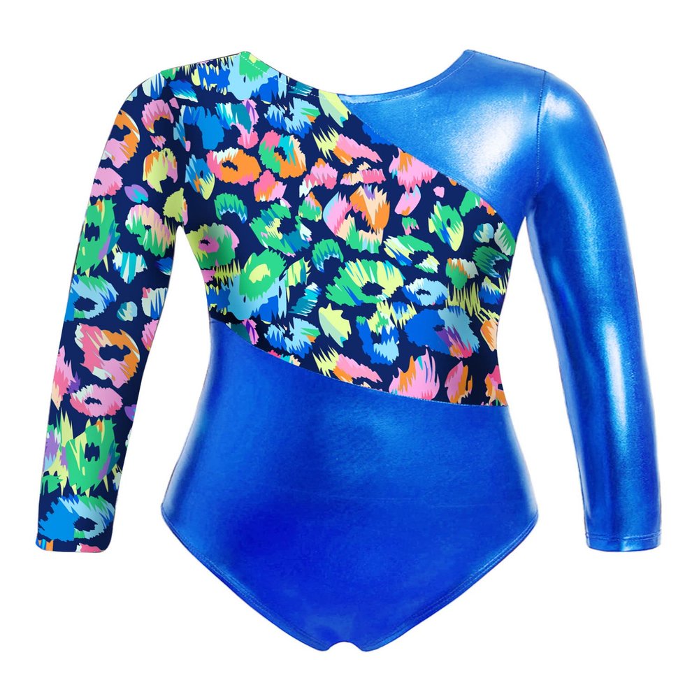 Fldy Kids Girls Shiny Metallic Gymnastics Leotards Long Sleeves Sparkly Ballet Dance Costumes One Piece Bodysuit Dancewear Royal Blue 4 Years