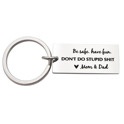 Beeshion Funny Don't Do Stupid Shit Keychain for Kids and Teenagers - New Driver Gift - Be Safe Have Fun (Mom & Dad)