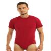 ACSUSS Men's Short Sleeve Undershirt Press Button Crotch Shirt Bodysuit Round Neck Leotard Tops Red 3X-Large view 1