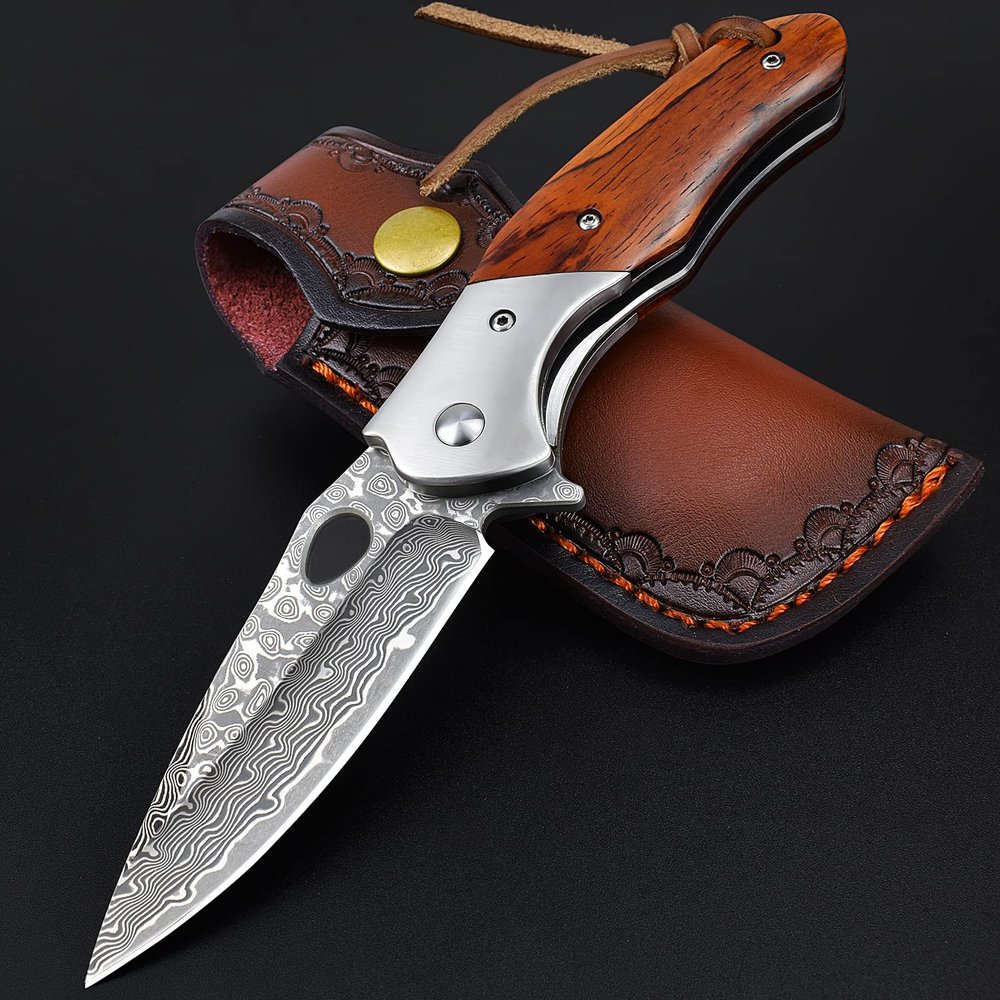 KOMWERO Damascus Pocket Knife for Men, VG10 Core Damascus Steel Folding Knife with Wood Handle, Ball Bearing, Thumb Hole, Liner Lock, Sheath for EDC Outdoor Survival Hunting