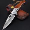 KOMWERO Damascus Pocket Knife for Men, VG10 Core Damascus Steel Folding Knife with Wood Handle, Ball Bearing, Thumb Hole, Liner Lock, Sheath for EDC Outdoor Survival Hunting view 1