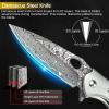 KOMWERO Damascus Pocket Knife for Men, VG10 Core Damascus Steel Folding Knife with Wood Handle, Ball Bearing, Thumb Hole, Liner Lock, Sheath for EDC Outdoor Survival Hunting view 2