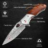 KOMWERO Damascus Pocket Knife for Men, VG10 Core Damascus Steel Folding Knife with Wood Handle, Ball Bearing, Thumb Hole, Liner Lock, Sheath for EDC Outdoor Survival Hunting view 3