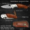 KOMWERO Damascus Pocket Knife for Men, VG10 Core Damascus Steel Folding Knife with Wood Handle, Ball Bearing, Thumb Hole, Liner Lock, Sheath for EDC Outdoor Survival Hunting view 4