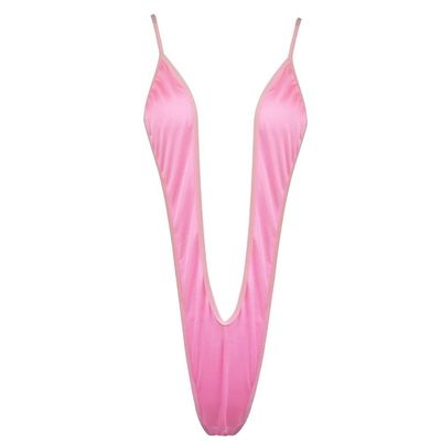 Fldy Women's High Cut One Piece Sling Shot Bikini Halter V-String Plunge Micro Swimsuit Pink One Size