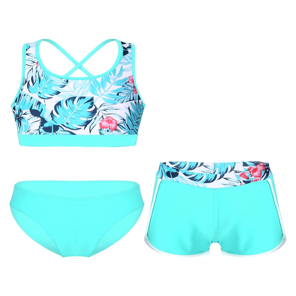Manyakai Kids Girls 3 Piece Swimsuit Hawaiian Tankinis Outfit Beach Swimwear Crop Top with Bottom Green Palm Leaf 10 Years