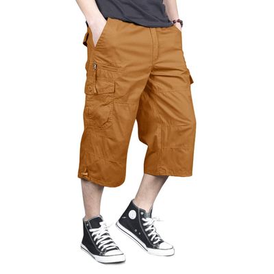 MAGNIVIT Mens Capri Long Twill Elastic Cargo Shorts Below Knee 3/4 Cargo Shorts Cotton Relaxed Fit Casual Multi-Pocket Yellow 32