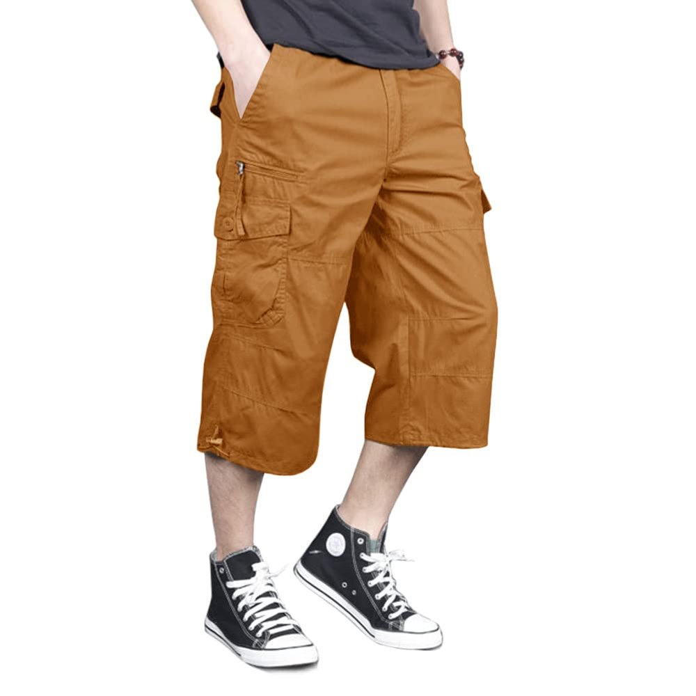 MAGNIVIT Mens Capri Long Twill Elastic Cargo Shorts Below Knee 3/4 Cargo Shorts Cotton Relaxed Fit Casual Multi-Pocket Yellow 32