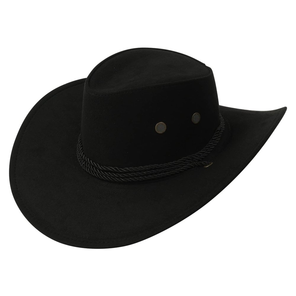 Aislor Classic Outback Cowboy Western Wool HatWide Brim Outdoor Fedora Hat with Belt Buckle Black One Size
