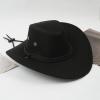 Aislor Classic Outback Cowboy Western Wool HatWide Brim Outdoor Fedora Hat with Belt Buckle Black One Size view 2