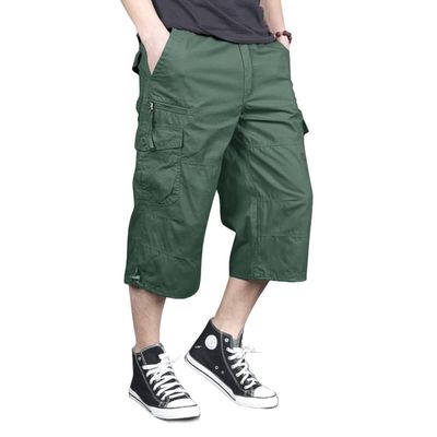 MAGNIVIT Mens Capri Long Twill Elastic Cargo Shorts Below Knee 3/4 Cargo Shorts Cotton Relaxed Fit Casual Multi-Pocket Green 30