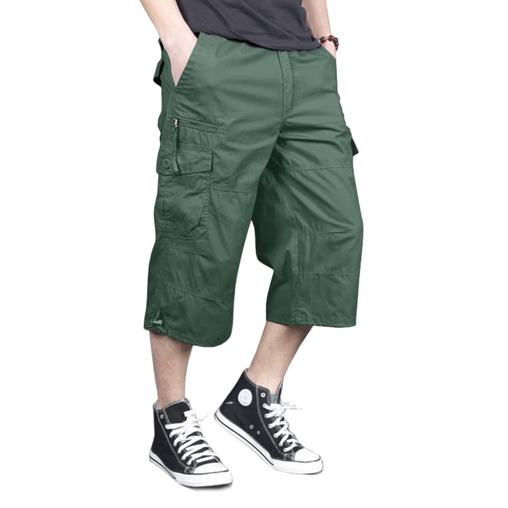 MAGNIVIT Mens Capri Long Twill Elastic Cargo Shorts Below Knee 3/4 Cargo Shorts Cotton Relaxed Fit Casual Multi-Pocket Green 30
