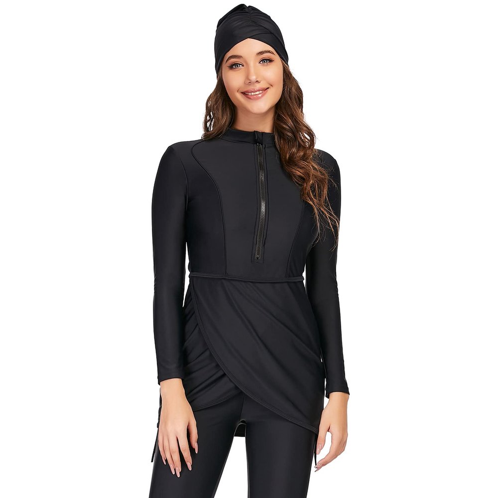 OBEEII Womens Muslim Swimsuits, Ladies Burkini Swimwear, Full Coverage Islamic Burkinis Wear Bathing Suit Black C M