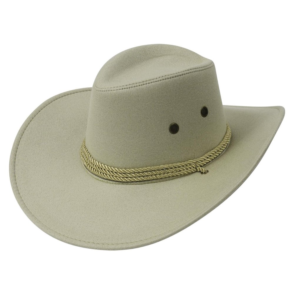 Aislor Classic Outback Cowboy Western Wool HatWide Brim Outdoor Fedora Hat with Belt Buckle Beige One Size