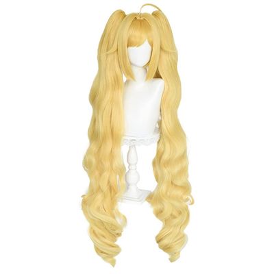 osseoca Angela Curly Double Ponytail Ahoge Synthetic Hair Anime Halloween Carnival Comic Exhibition Cosplay Hair Natural COS Ombre Wigs with Bangs (GLD)