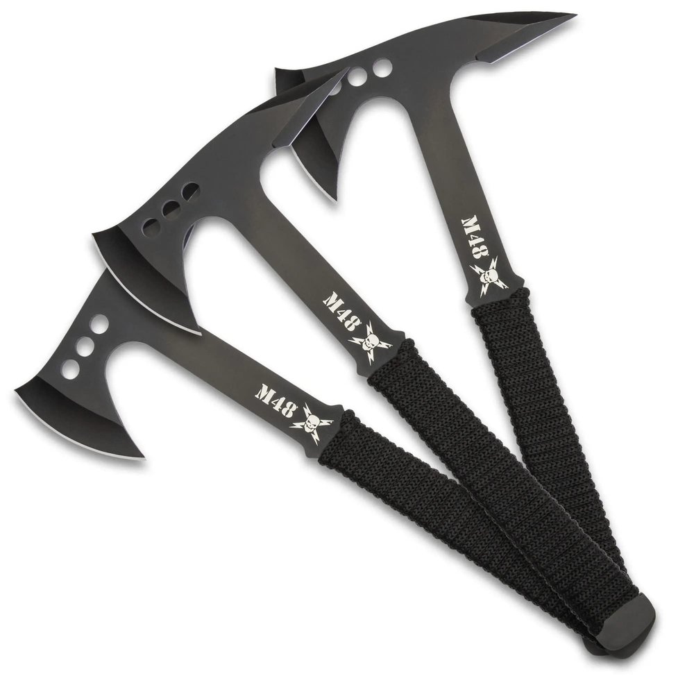 M48 Pro Throwing Axe Set and Sheath - Three-Pieces, 3cr13 Stainless Steel Blade, Cord-Wrapped Handles - Length 10 3/4
