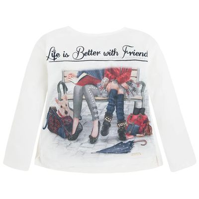 Mayoral Chic Little Girls Novelty Print Long Sleeve Knit Shirts, Life is Better with Friends, Cream, 4
