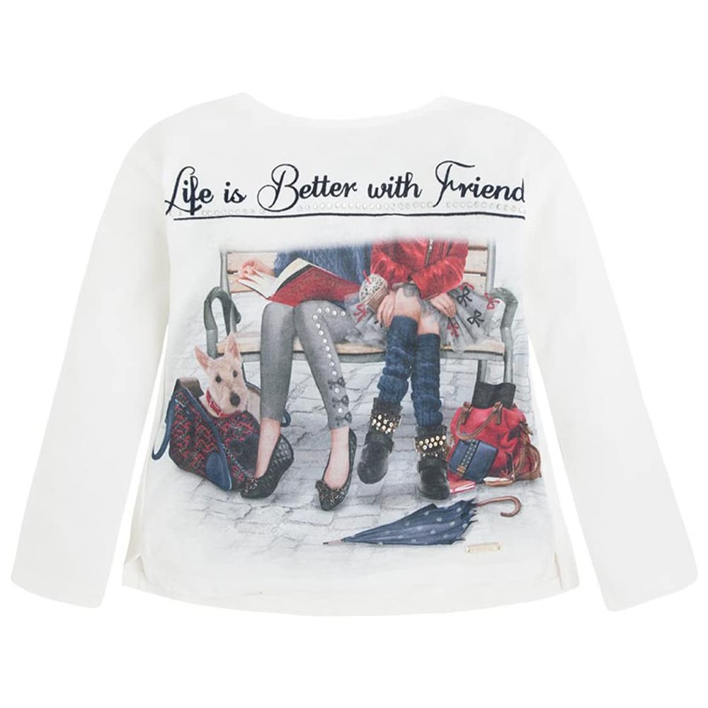 Mayoral Chic Little Girls Novelty Print Long Sleeve Knit Shirts, Life is Better with Friends, Cream, 4