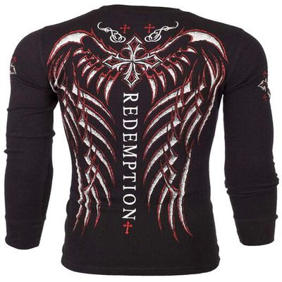 Archaic by Affliction Men's Thermal Shirt Spine Wings Black 2XL