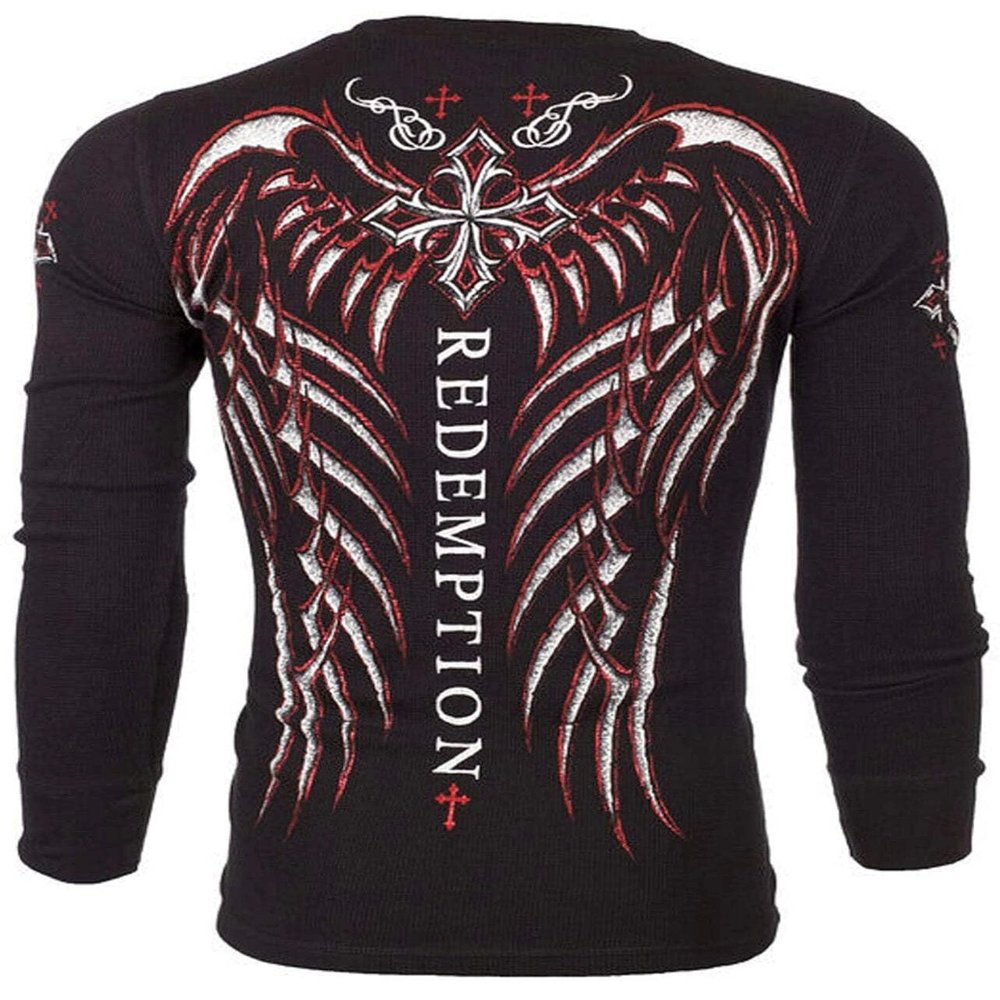 Archaic by Affliction Men's Thermal Shirt Spine Wings Black 2XL