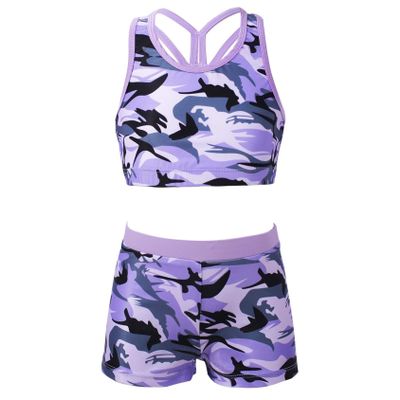 Daenrui Kids Girls 2 Piece Gymnastics Dance Sports Outfits Racer Back Crop Top with Booty Shorts Swimsuit Camo Purple#2 16 Years