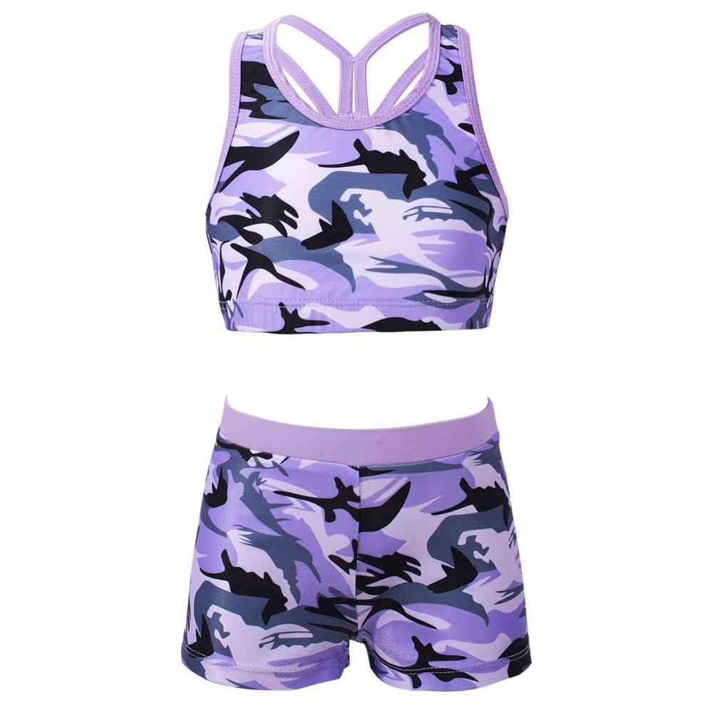 Daenrui Kids Girls 2 Piece Gymnastics Dance Sports Outfits Racer Back Crop Top with Booty Shorts Swimsuit Camo Purple#2 16 Years