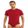 iiniim Men One Piece Short Sleeve Undershirt Press Button Crotch Jumpsuit Bodysuit Romper Leotard Tops Red Round Neck XX-Large view 1