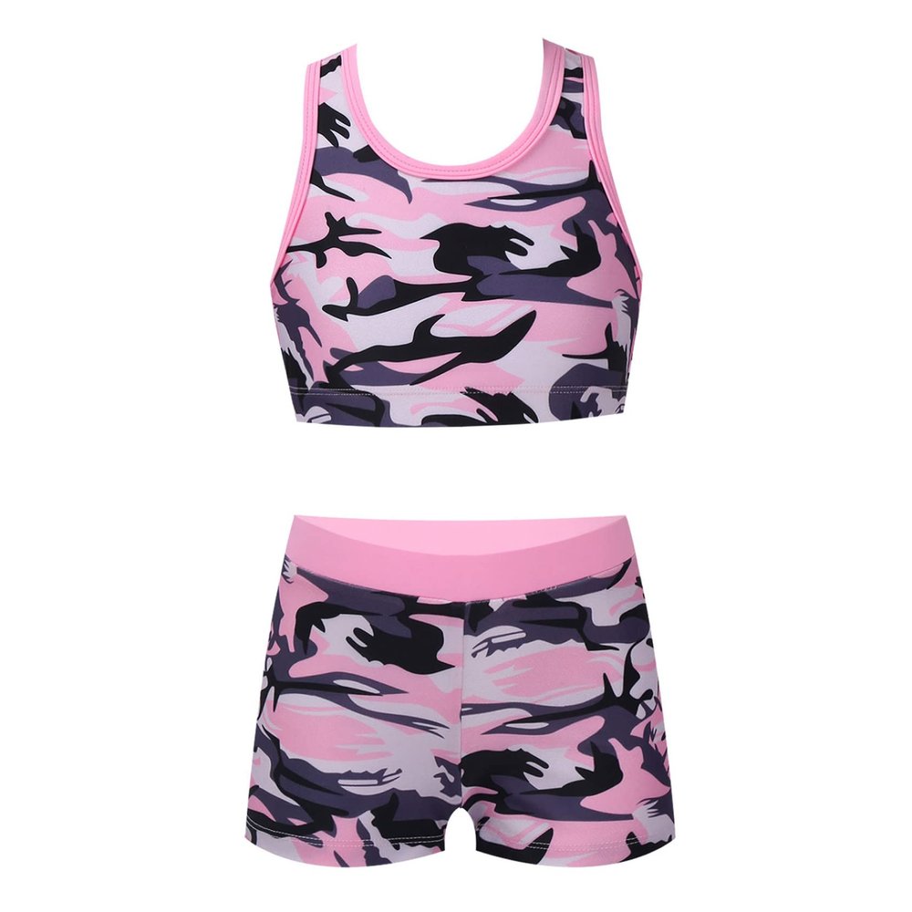 Daenrui Kids Girls 2 Piece Gymnastics Dance Sports Outfits Racer Back Crop Top with Booty Shorts Swimsuit Camo Pink#2 16 Years