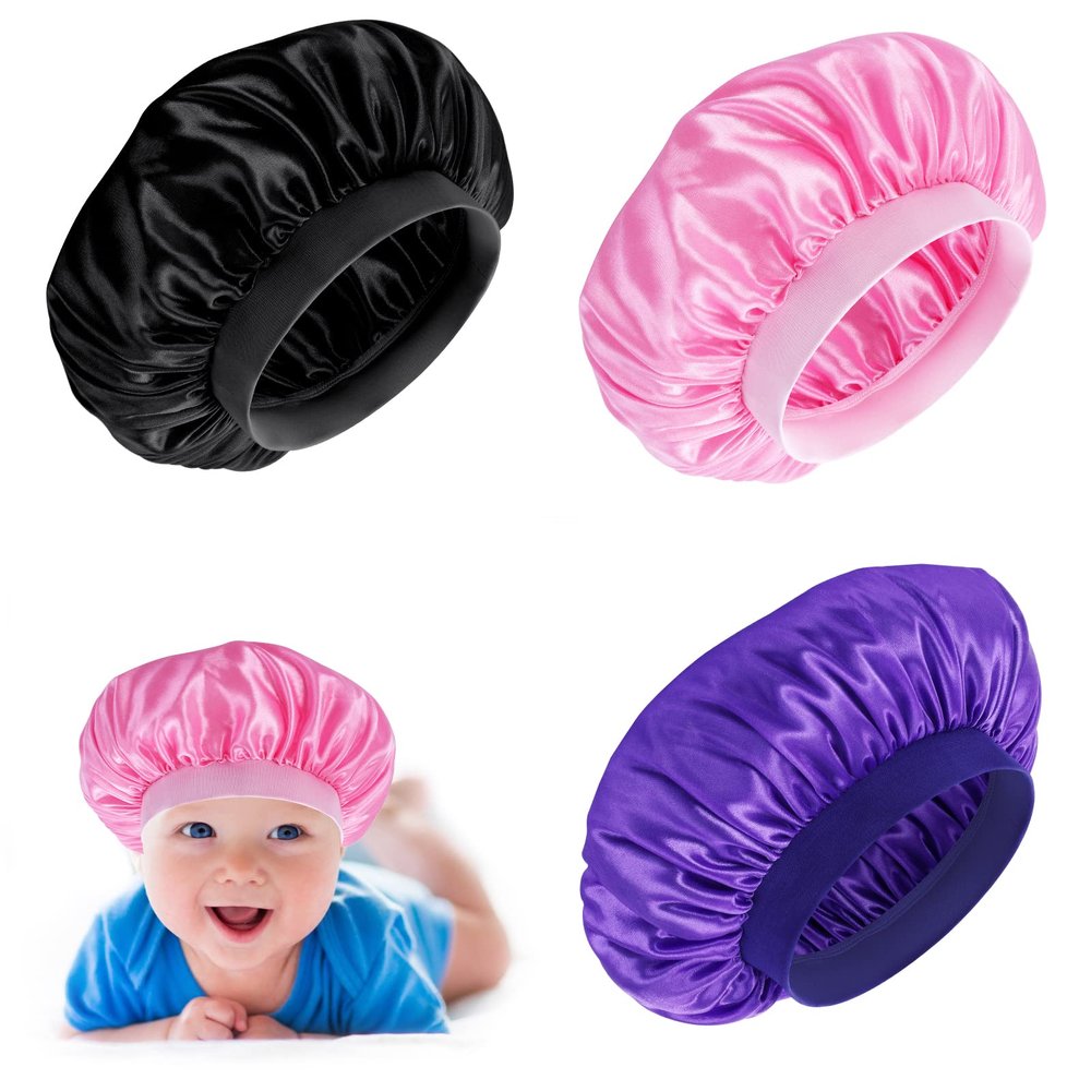 Prasacco 3 Pieces Kids Satin Bonnet Baby Bonnet Sleeping Cap Soft Silk Night Hats Colorful Satin Cap for Baby Girls Boys Natural Hair Teens Toddler Child Baby (Solid Color)