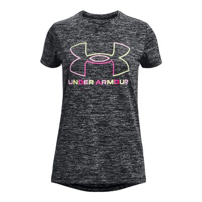 Under Armour Girls Tech Big Logo Twist Short Sleeve T-Shirt, (002) Black Medium Heather/Rebel Pink/Fade, Youth X-Large